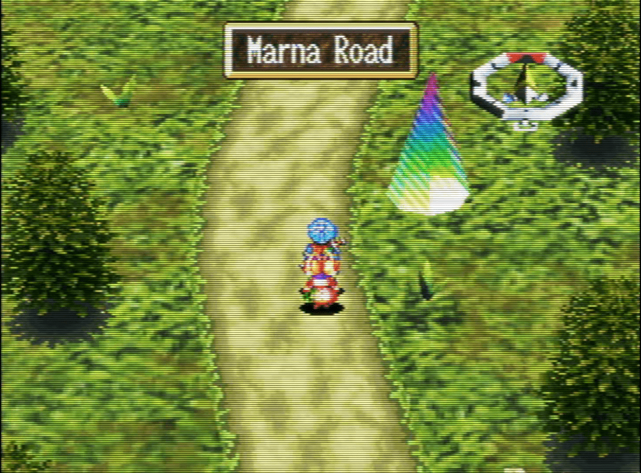 Justin and Sue stand in the middle of a green field. Meters away is a cone like ray of rainbow light, a save point