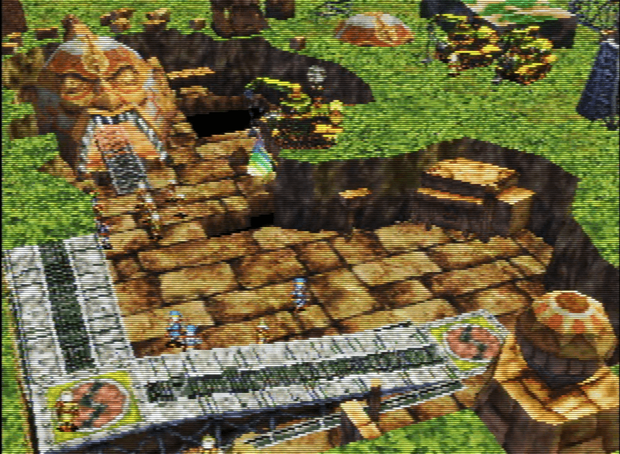 The Sult Ruins. Soldiers and machines stand in a dig site that ends in a mouth like structure.