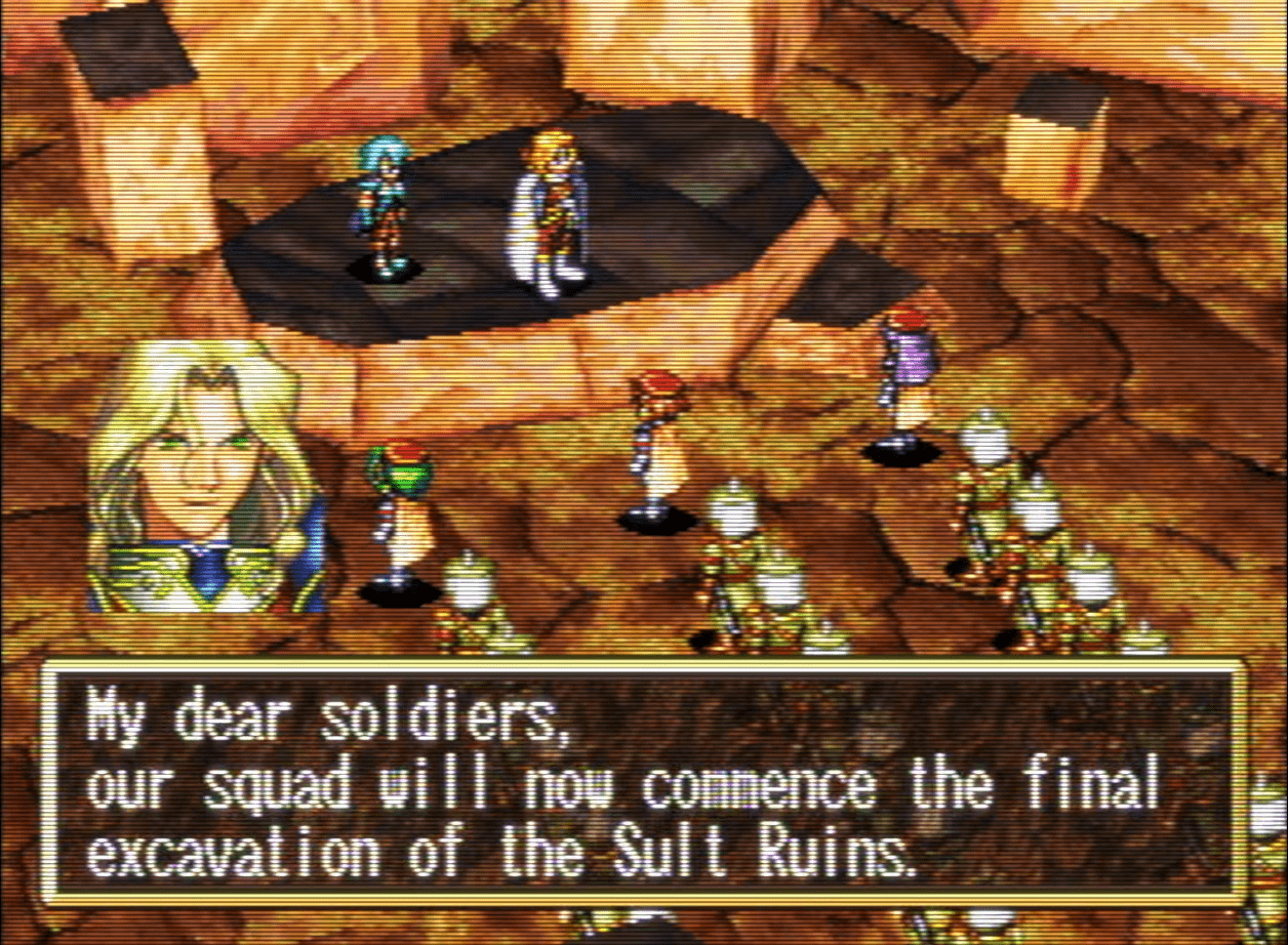 Mullen speaking to his soldiers: 'My dear soldiers, our squad will now commence the final excavation of the Sult Ruins'