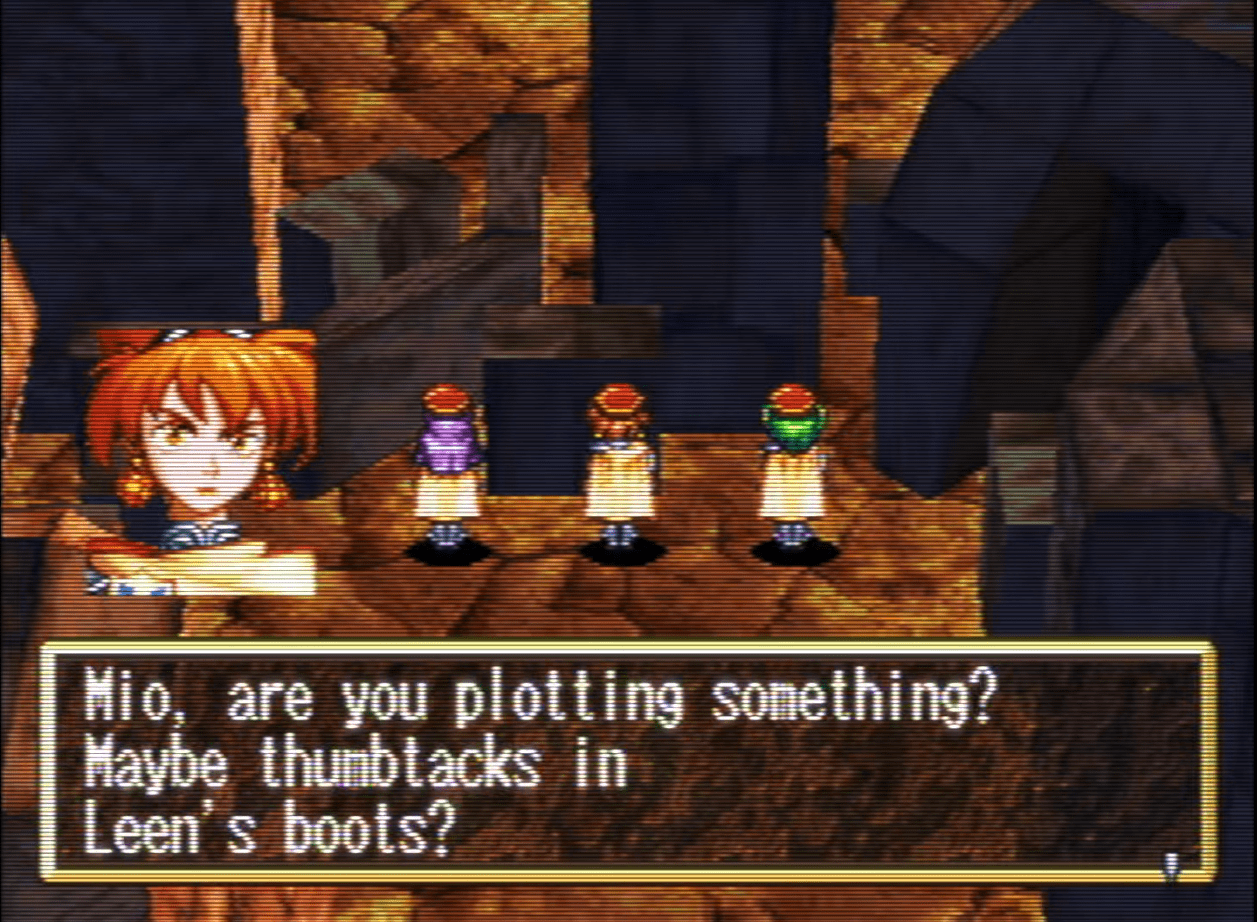 Saki saying: 'Mio, are you plotting something? Maybe thumbtacks in Leen's boots'