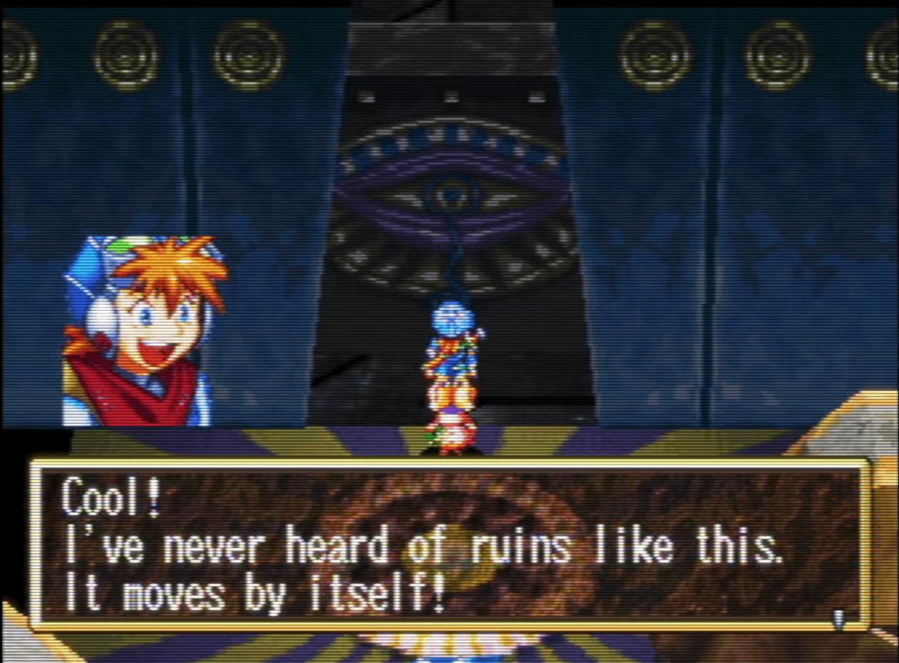 The kids stand before a door with an eye painted on it, Justin says: 'Cool! I've never heard of ruins like this. It moves by itself!