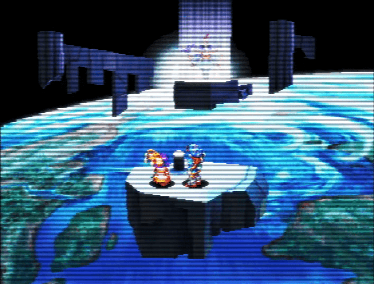 Justin and Sue stand in a stone in space. Before them Lete glows in a big light