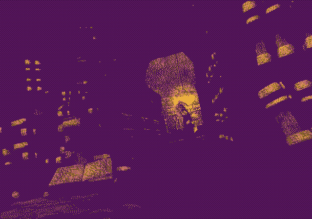 Dithered screenshot of Sephirot from Final Fantasy 7 standing in a library